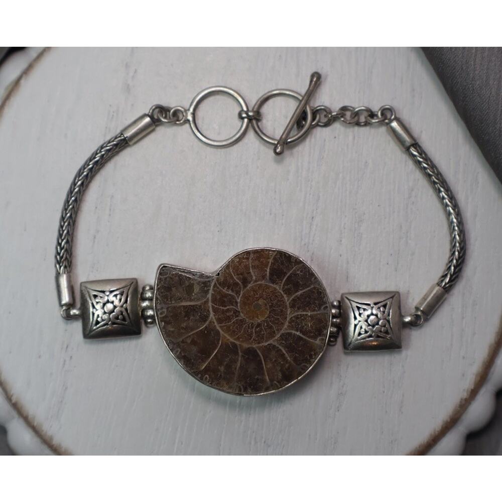Ammonite Fossil Sterling Silver Adjustable Toggle Bracelet 20.52G/7.5in